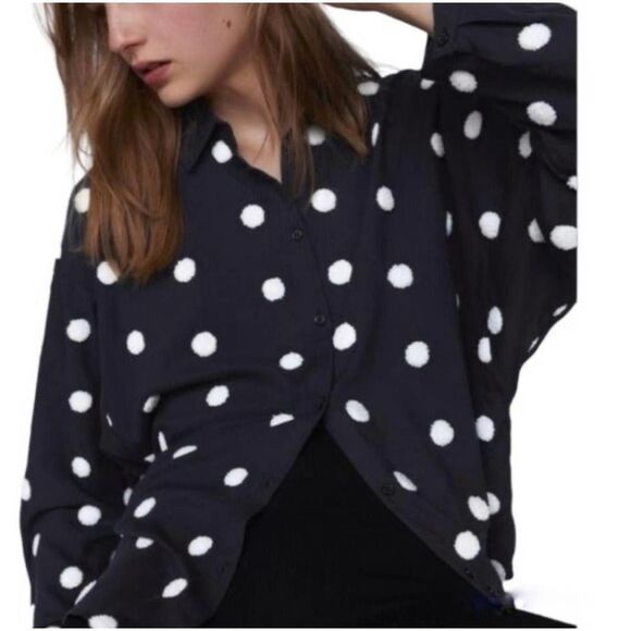 Zara EUC Navy Polkadot Button Down Shirt Blouse Size S - Picture 2 of 8
